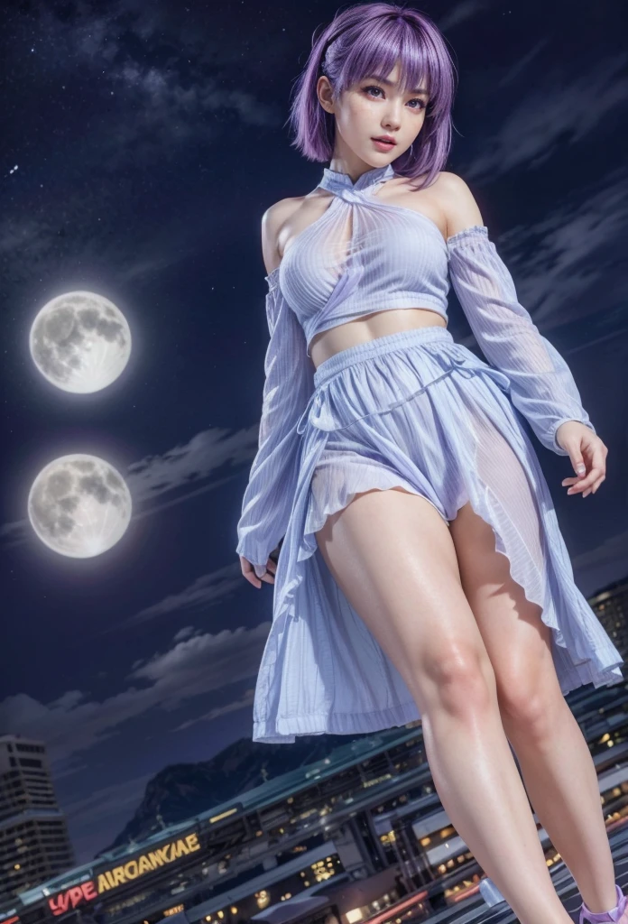 Ayane, purple hair, red eyes, (best quality, ultra-detailed), (realistic:1.37), beautiful and detailed face, ultra-realistic texture, delicate face, delicate body, red lipstick, long-lasting colors. high definition, 8K. expression with a sexy look