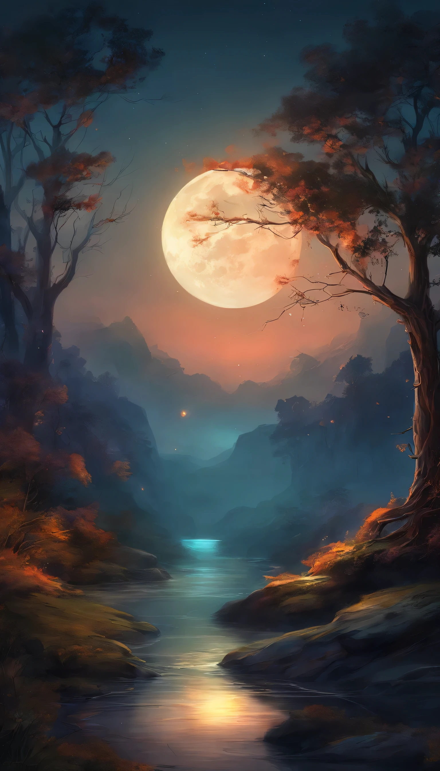 Generate a nature landscape night scene with a full moon. The scenes look scary and spooky . The scenes although dark yet vibrant and beautiful