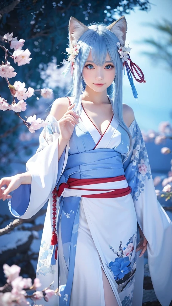 An illustration、Japanese 、White skin、blue eyes、Light blue hair(Wolf Cut)、kimono(Miko costume)、examiner、