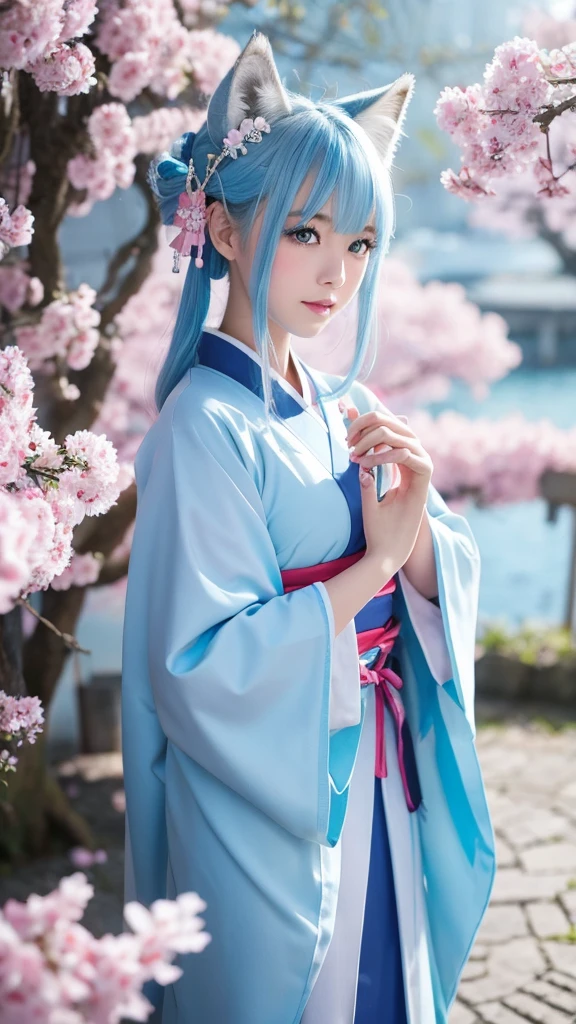 An illustration、Japanese 、White skin、blue eyes、Light blue hair(Wolf Cut)、kimono(Miko costume)、examiner、