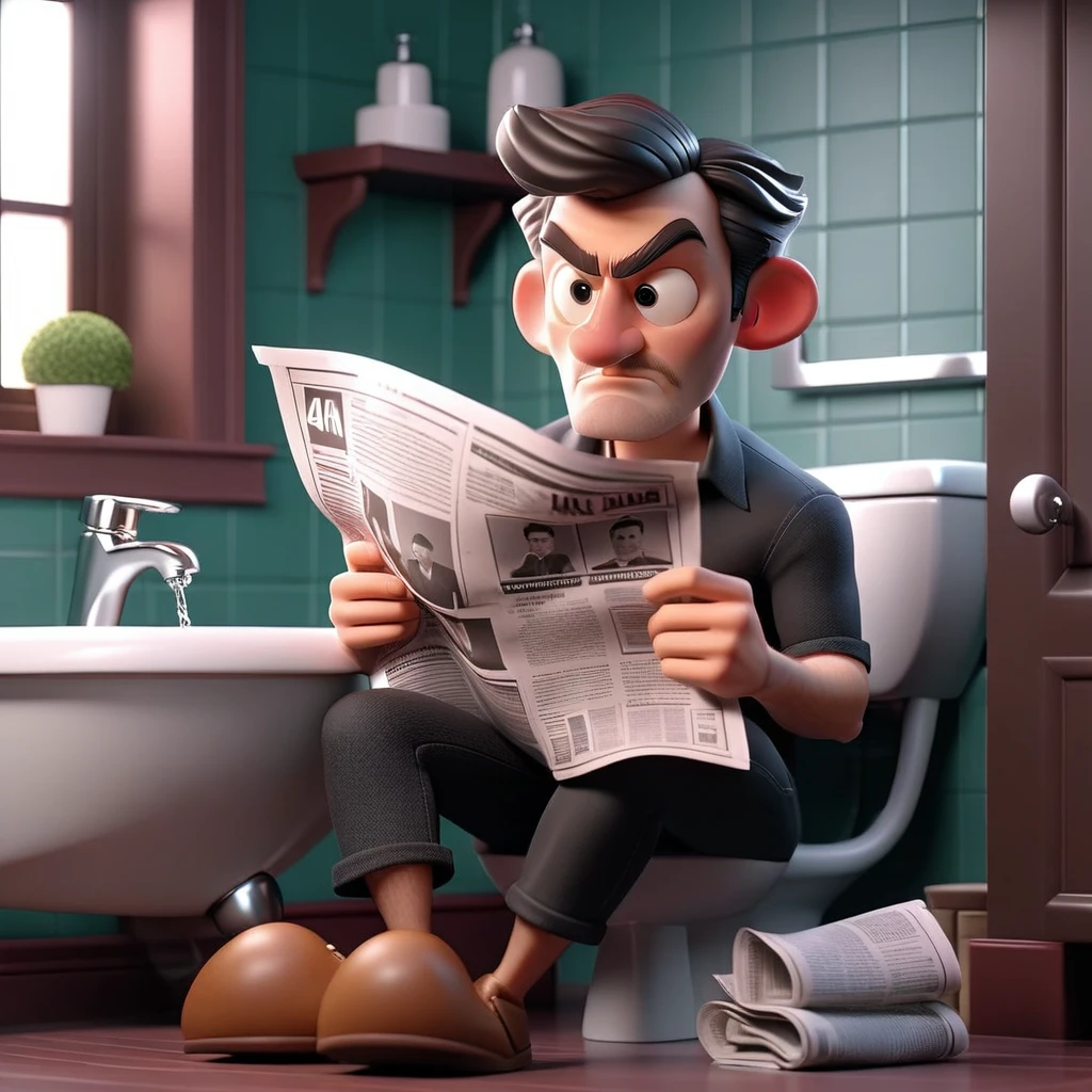 3D cinematic film.(caricature:0.2). 4K, highy detailed,Man Sitting on Bathroom and Reading Newspaper