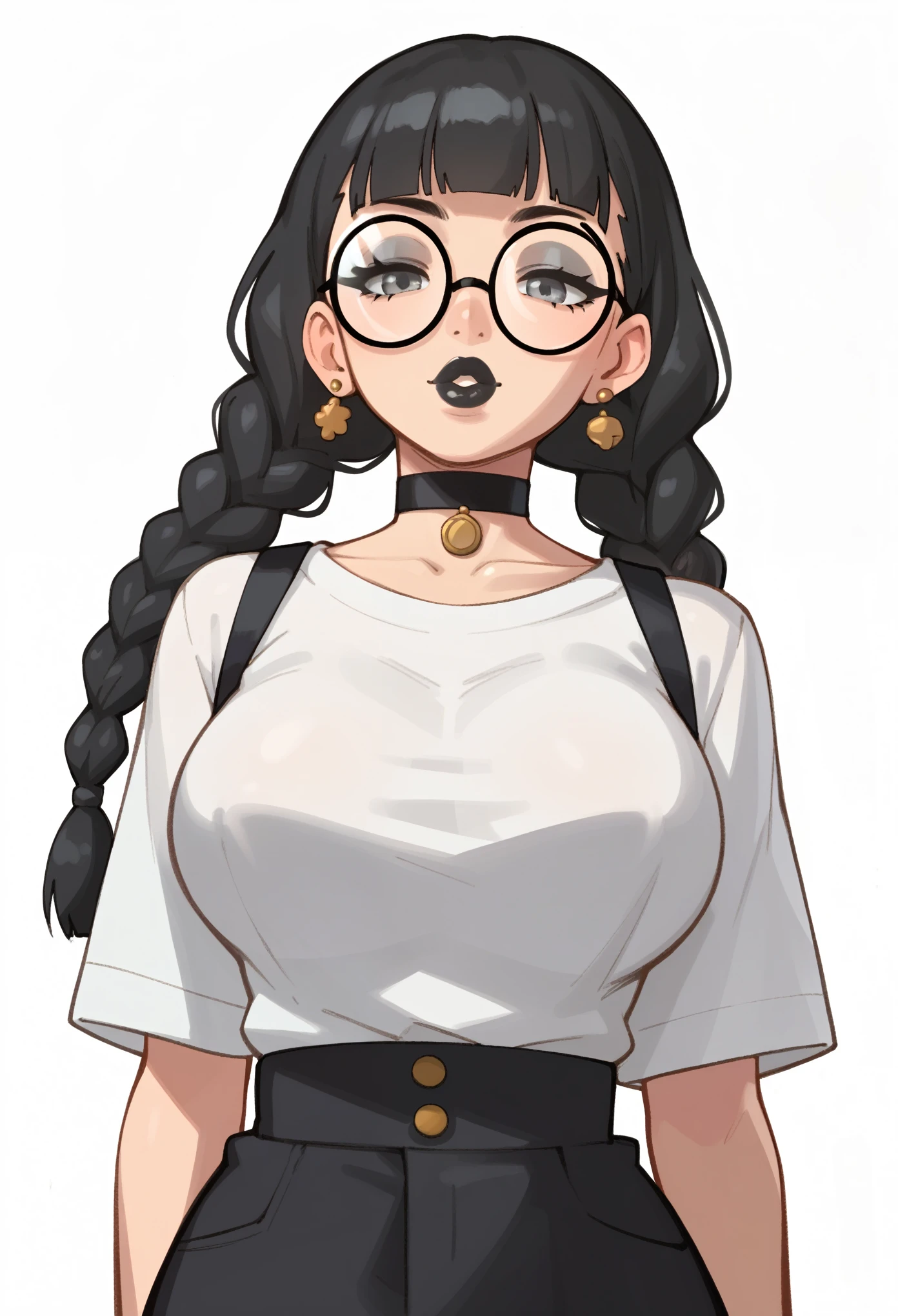 score_9, score_8_up, score_7_up, score_6_up, score_5_up, score_4_up, BREAK 1girl, farmer's outfit, black hair, braids, straight hair, long hair, grey eyes, thick lips,, long eyelashes, half-closed eyes, black-framed eyewear, round eyewear, black choker, blunt bangs, adult, black eyeliner, large breasts, ear piercing, black lips, grey eyeshadow, looking at viewer, BREAK solo, standing, adult, skinny, arched back, thigh gap, BREAK (white background:1.2) dynamic pose, dynamic angle, angled shot,
