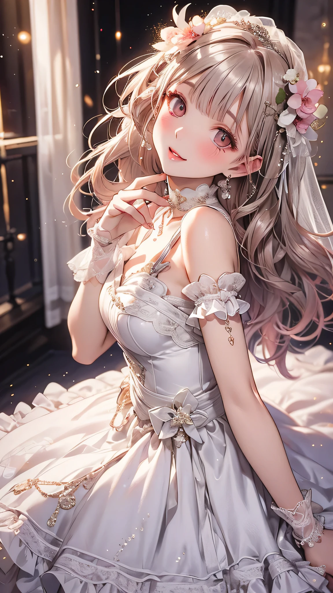 (Highest quality, High resolution, masterpiece:1.2,), night, One girl, (whole body), (Wedding dress), (Detailed clothing), (Beautifully detailed face),(Beautiful attention to detail), Wait for a kiss, View your viewers, Happy, blush,