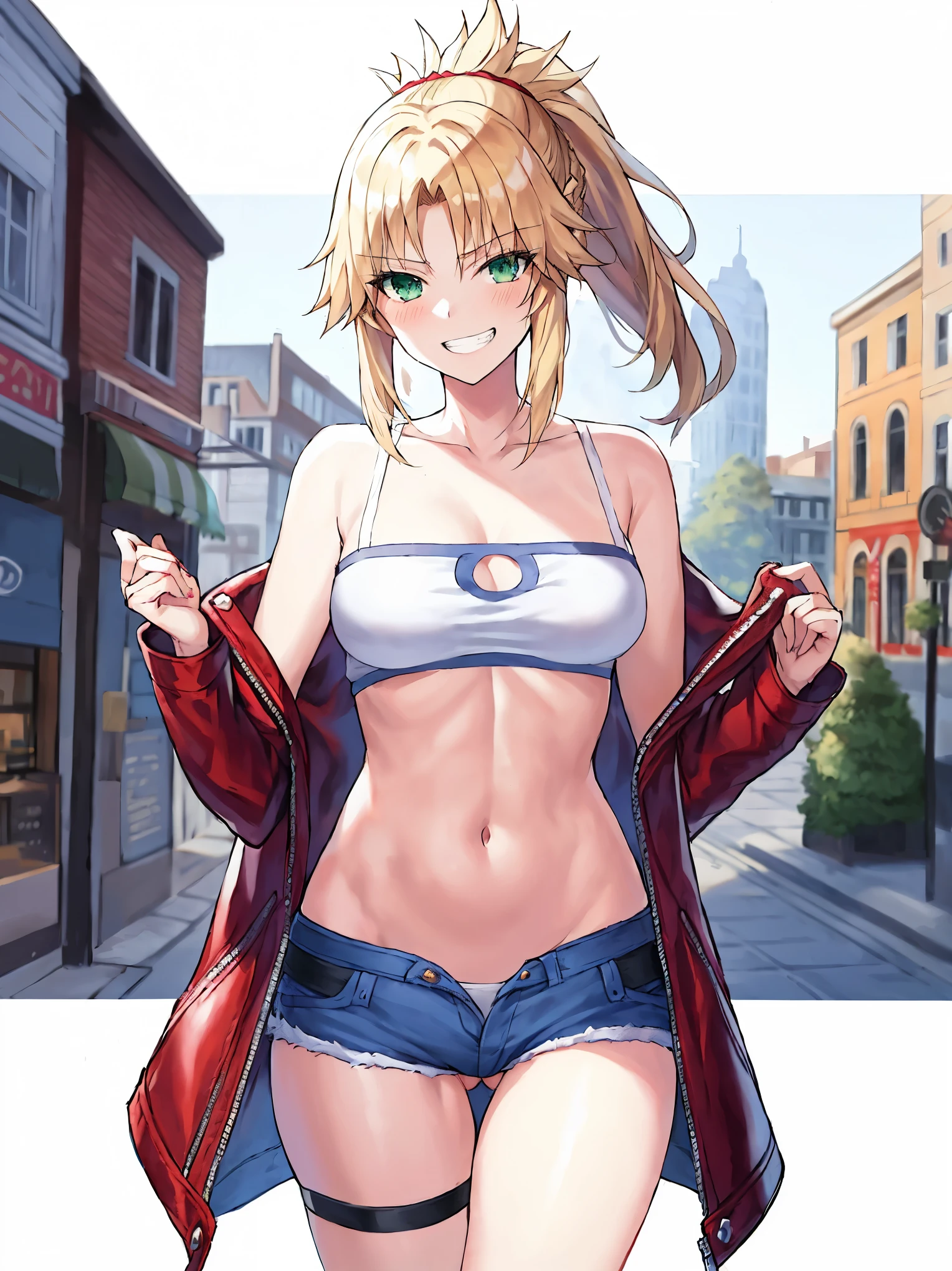 Masterpiece, Best Quality, illustration, city_street_landscape, 1girl, Mordred \(fate\), cowboy shot, collarbone, Detailed blond hair ponytail braid, green eyes, Red leather jacket, White short blouse, denim shorts,navel,thigh-high,grin, covered_pussy,skiny,happy,