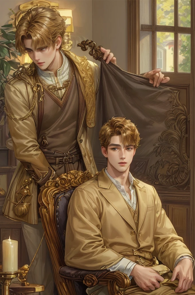 ((Best quality)), ((masterpiece)), (detailed), ((perfect face)), ((halfbody)) handsome face, male, boy, perfect proportions , golden brown short hair ((character from bridgerton male version)) detailed interior, cozy home
