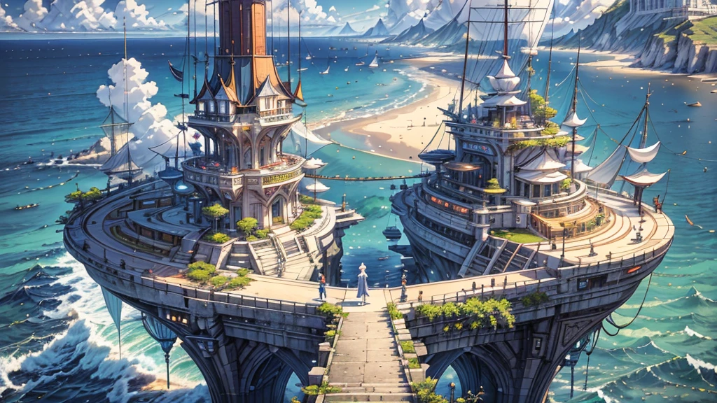 No people、Background only、Flat Line、anime、anime調、デジタルanimeアート、Flat Design,(masterpiece:1.2)、photograph、Back Blur、high quality、High resolution、Very detailed,summer,Ocean、Embankment, 、Breakwater, clear blue sky