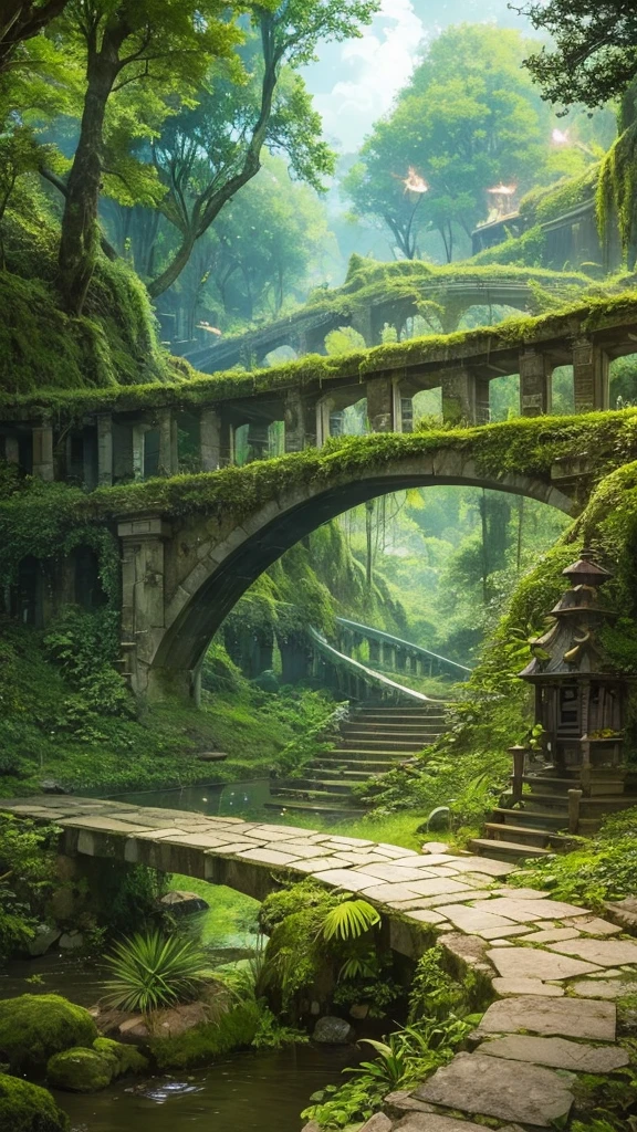 A bridge in the middle of the jungle, ancient relics, fantasy forest scenery, firefly light