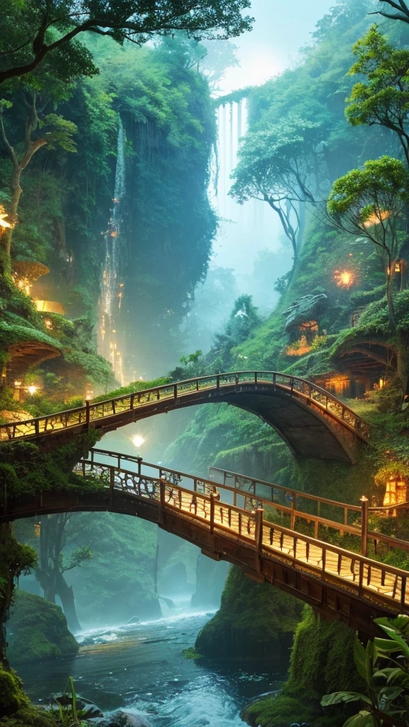 A bridge in the middle of the jungle, ancient relics, fantasy forest scenery, firefly light