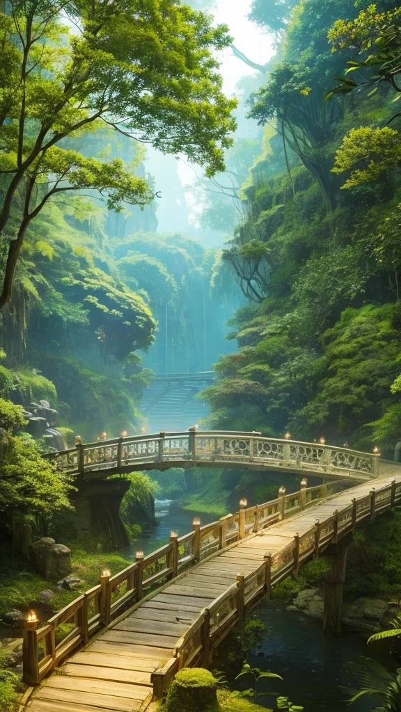 A bridge in the middle of the jungle, ancient relics, fantasy forest scenery, firefly light