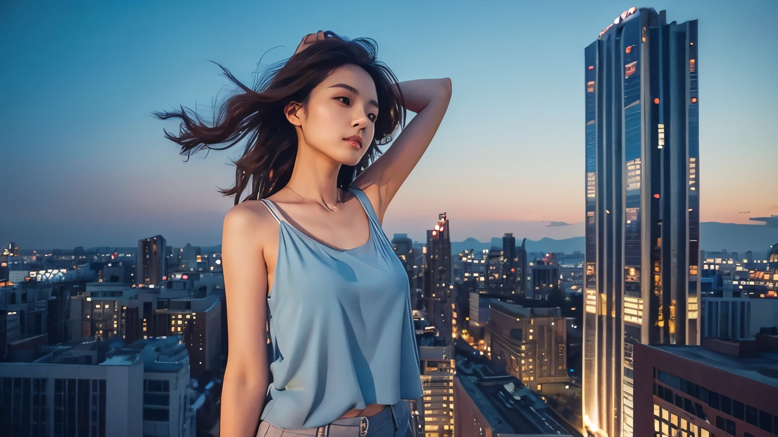 Beautiful woman standing on the roof of a big city building、Hold your hand over your forehead、Hair fluttering in the wind、Navy short tank top、Night Sky、Realistic photo、Professional photography with attention to detail