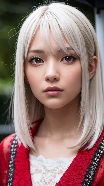 masterpiece, best quality, Very detailed, Movie Lightning, intricate details, High resolution, official art, Exquisite and beautiful face and eyes, High resolution插圖, 8k, Depth of Field, Bokeh, alone, 1 girl, Girl with white hair and red eyes, long white hair, beautiful red eyes, Beautiful scenery, Rainy city, Upper Body, looking at the audience, close up