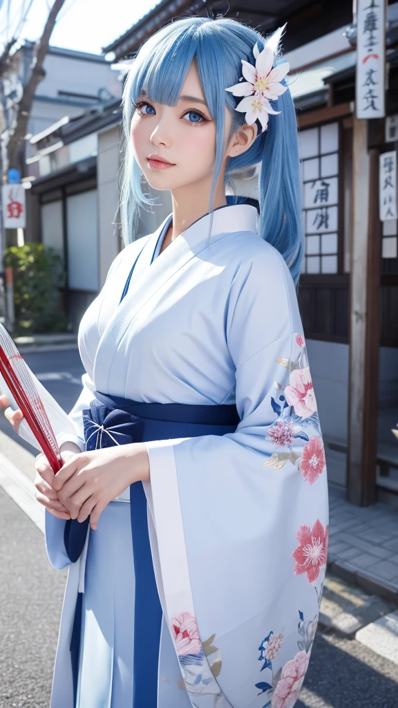 An illustration、Japanese 、White skin、blue eyes、Light blue hair(Wolf Cut)、kimono(Miko costume)、examiner、