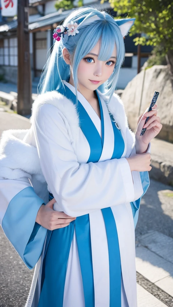 An illustration、Japanese 、White skin、blue eyes、Light blue hair（Wolf Cut）、kimono（Miko costume）、examiner、