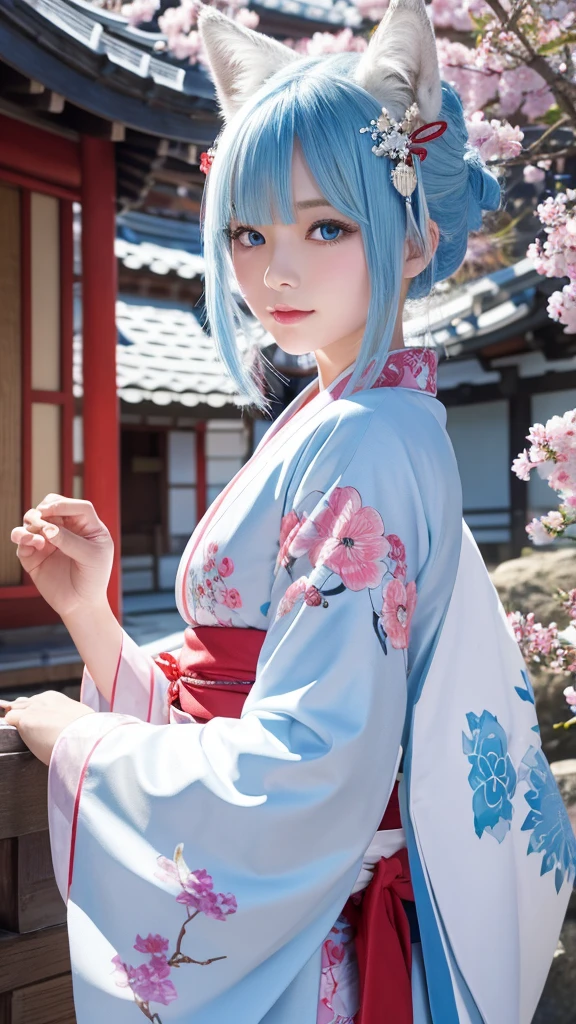 An illustration、Japanese 、White skin、blue eyes、Light blue hair（Wolf Cut）、kimono（Miko costume）、examiner、