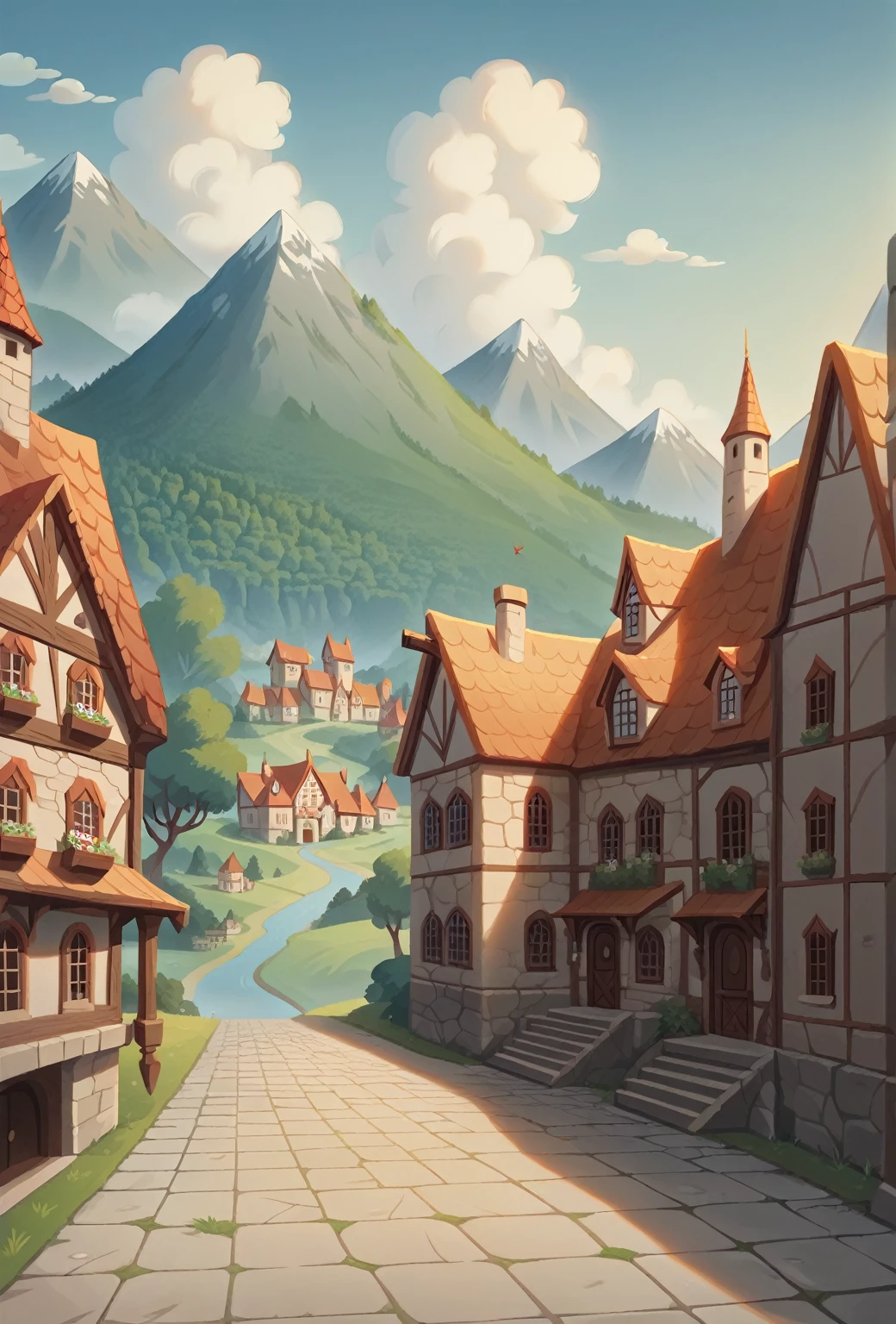 score_9, score_8_up, score_7_up, score_6_up, score_5_up, score_4_up, show accurate, scenary, kingdom, view from the sky, great walls, stone walls, houses, paved floor, thatched roofs, stream, mountains, medieval style,