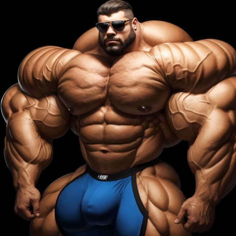 Bulge, hyper growth, hyper muscles, furry growth, a very handsome young man massively large, sunglasses, thin face, shirtless wearing red underwear, massively muscular, with massively large muscles, huge muscles, exaggeratedly huge muscles, with massively large biceps, with massively large arms, with massively large chest, with massively large shoulders, with massively large muscular body, massively large upper body, with a massively large bulge, huge bulge, exaggeratedly huge bulge, on a black background