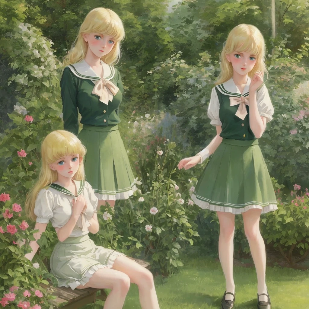 3 girls, long hair, Big , Blushing, blond, Green-eyed sailor suit short skirt 1933 style cute and beautiful girl 18 years old in the garden beautiful long legs high resolution, best quality, masterpiece, Lift skirt 