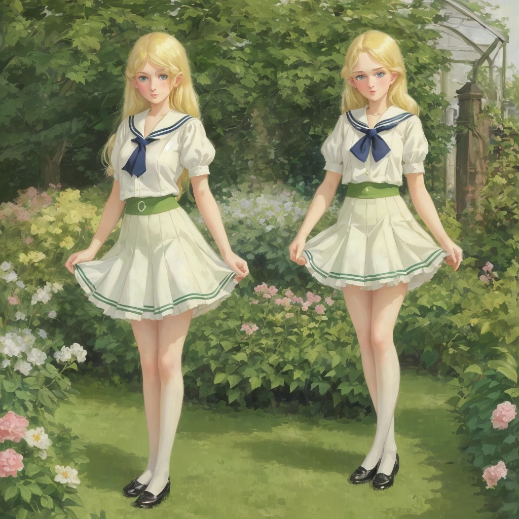3 girls, long hair, Big , Blushing, blond, Green-eyed sailor suit short skirt 1933 style cute and beautiful girl 18 years old in the garden beautiful long legs high resolution, best quality, masterpiece, Lift skirt