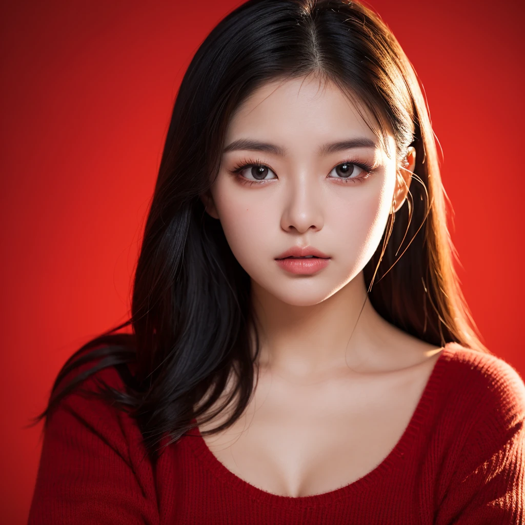 masterpiece, ultra-realistic, 20 years old, 8k, hd, beautiful girl, black hair, very long hair, straight hair, closed mouth,1girl, detailed face, beautiful woman's face, red sweater, plumpy, red background, looking to viewer, 85mm lens, cinematic light