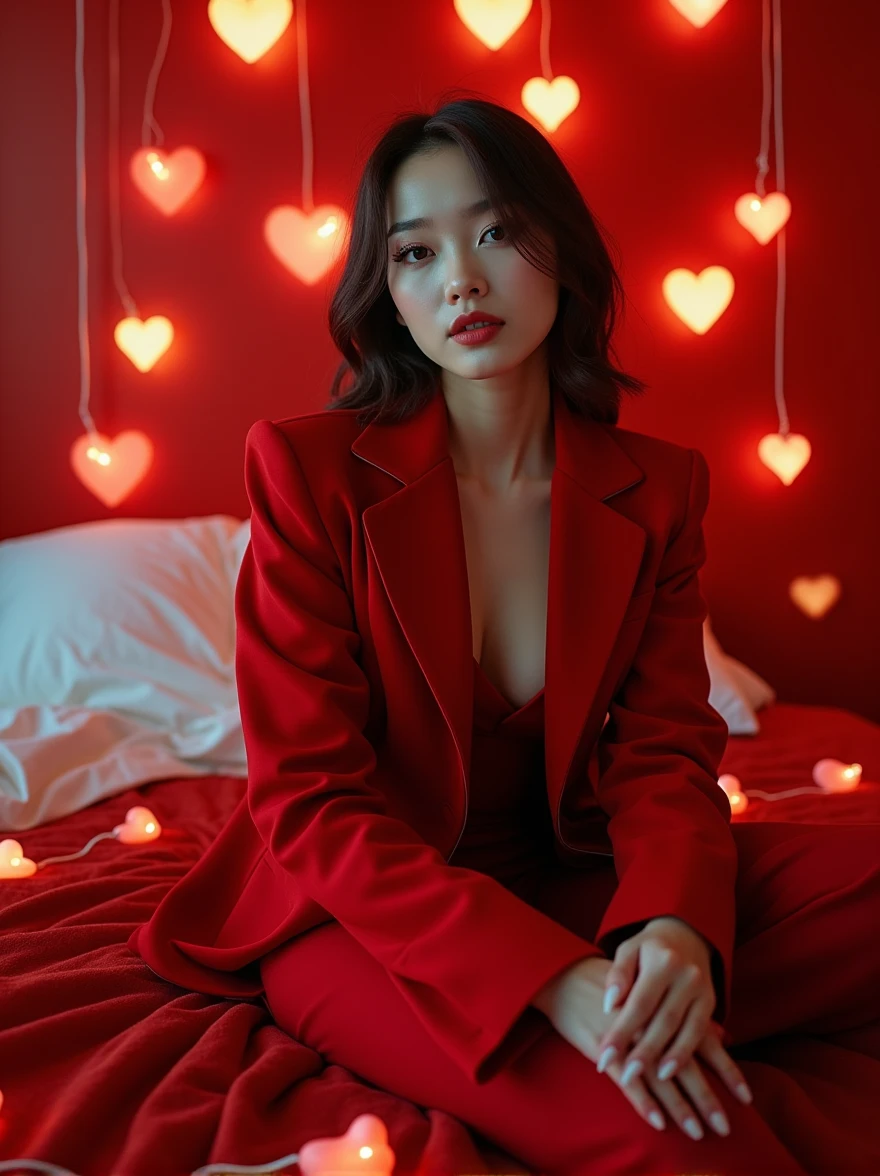 a woman sitting on a bed surrounded by hearts, beauty campaign, inspired by Tang Sin Yun Sandara, modeling photograph kerli koiv, lalisa manoban of blackpink, photo still of interior, promotional shot, by Zou Yigui, red coat, cp2077, ads, many hearts, ad image
