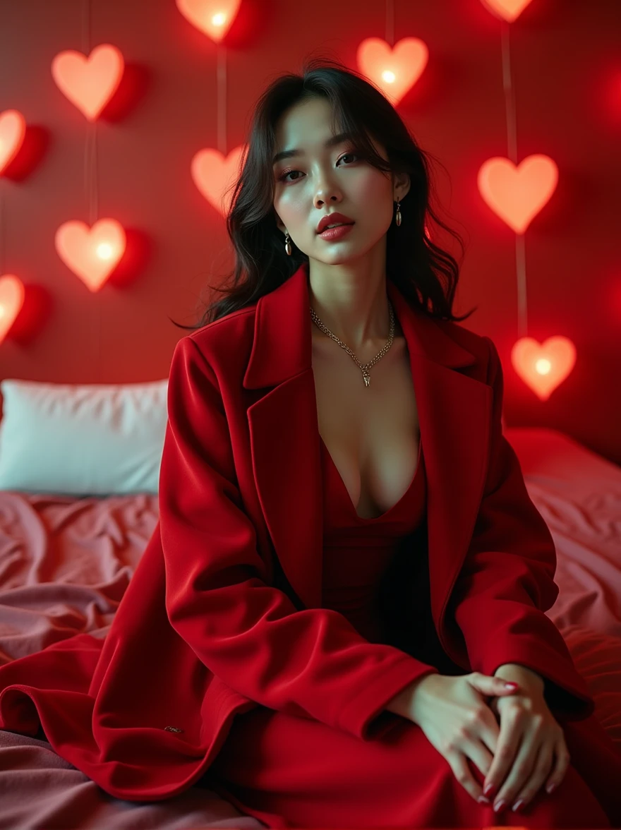 a woman sitting on a bed surrounded by hearts, beauty campaign, inspired by Tang Sin Yun Sandara, modeling photograph kerli koiv, lalisa manoban of blackpink, photo still of interior, promotional shot, by Zou Yigui, red coat, cp2077, ads, many hearts, ad image