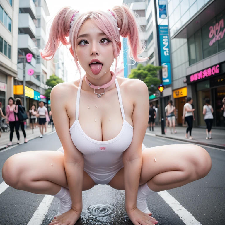 Highest Resolution、Highest quality、Surreal、Perfect Anatomy、Wet, Glowing White Skin、Ahegao、Mean Woman、Squat down and spread your legs、Ten Head Body、Pink Hair、thin、Unusual hairstyle、K-POPアイドル、The bustling streets of Harajuku、Dog collar、Completely naked、Realistic、Showing off pussy、