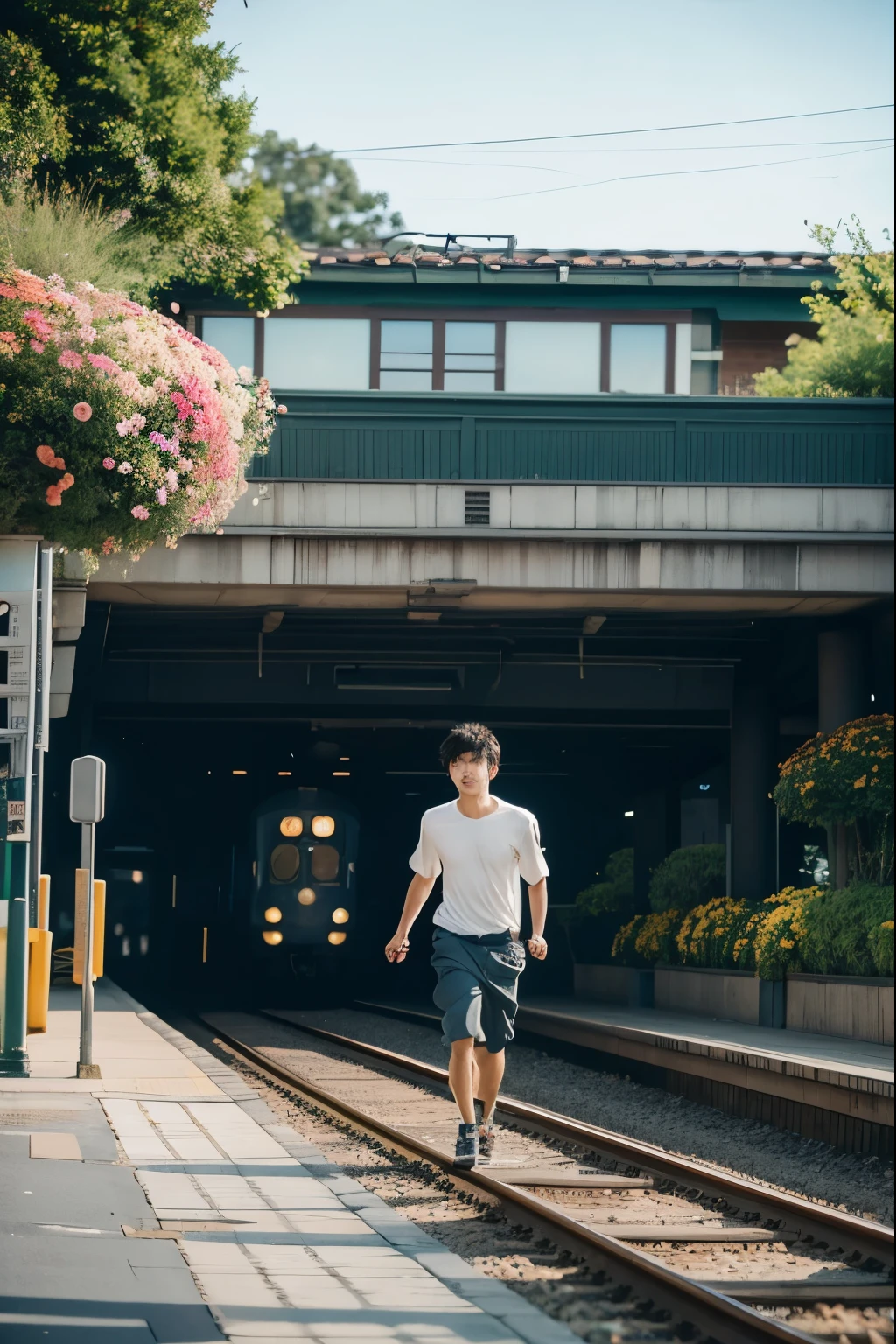 Spirited Away train arrives at the station, flowers fall, the boy runs