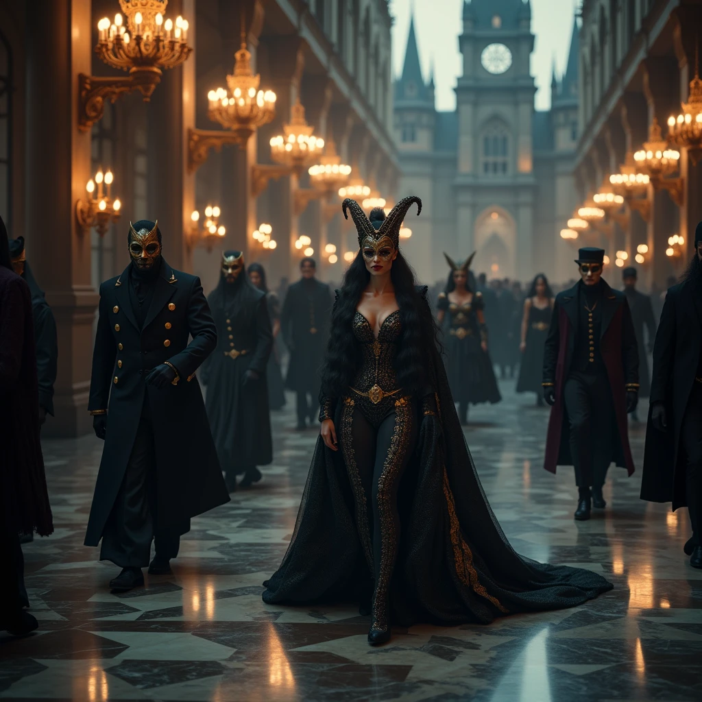 An opulent masquerade ball in a grand Gothic castle, with elegantly dressed guests wearing intricate, mysterious masks. The chandeliers cast a dim, romantic light over the marble floors, and the atmosphere is filled with intrigue and secrecy. (masterpiece, ultra detailed, 8K, high resolution, cinematic lighting, dark atmosphere, photorealistic)