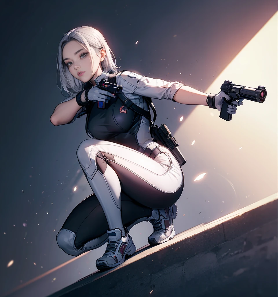 elaizaikedareal、A young woman with a bold look and hairstyle、I have a gun in my hand。she、Surrounded by sleek designs of futuristic headsets and eyes covered with goggles。She holds the gun with confidence、Because I&#39;m ready to compete、The chest is prominent。