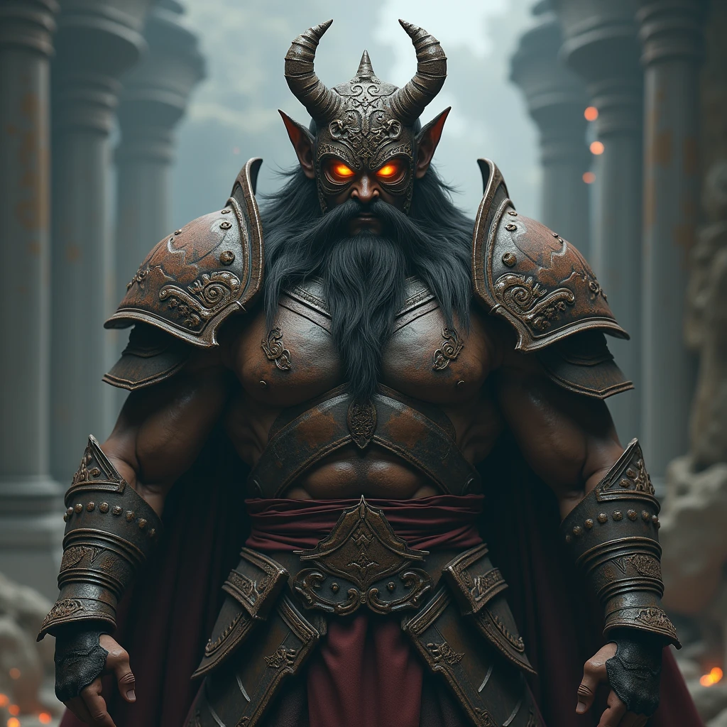 A fierce warrior clad in ancient armor, wearing a mask that depicts a fearsome deity. The mask is intricately carved, with glowing eyes, and the warrior stands poised for battle, exuding an aura of power and mystery. (high resolution, ultra detailed, 8K, cinematic lighting, photorealistic, dramatic atmosphere)