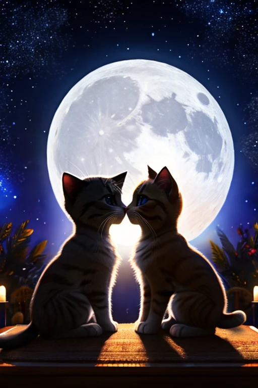 (Highest quality、masterpiece、8k))、Anatomically correct、Very detailed、High resolution、Cinematic lighting、Realistic、Intricate details、Two kittens、Big head、Beautiful white moonlit night、full moon、Big Moon、肩を並べるTwo kittens、並んで寄りかかるTwo kittens、silhouette