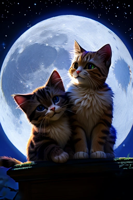 (Highest quality、masterpiece、8k))、Anatomically correct、Very detailed、High resolution、Cinematic lighting、Realistic、Intricate details、Two kittens、Big head、Beautiful white moonlit night、full moon、Big Moon、肩を並べるTwo kittens、並んで寄りかかるTwo kittens、silhouette