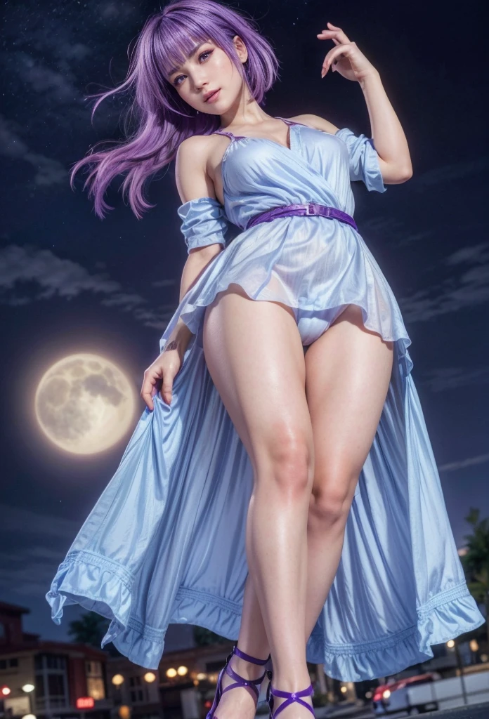 Ayane, purple hair, red eyes, (best quality, ultra-detailed), (realistic:1.37), beautiful and detailed face, ultra-realistic texture, delicate face, delicate body, red lipstick, long-lasting colors. high definition, 8K. expression with a sexy look