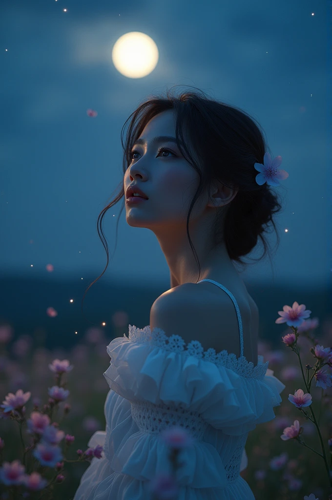 a romantic moonlit night, a young woman confessing her feelings under the stars, intricate details, hyper realistic, dramatic lighting, soft colors, ethereal atmosphere, (best quality,4k,8k,highres,masterpiece:1.2),ultra-detailed,(realistic,photorealistic,photo-realistic:1.37),dramatic lighting,soft pastel colors,cinematic composition,dramatic chiaroscuro,detailed facial features,beautiful flowing dress,mesmerizing gaze,delicate flower petals,ethereal atmosphere