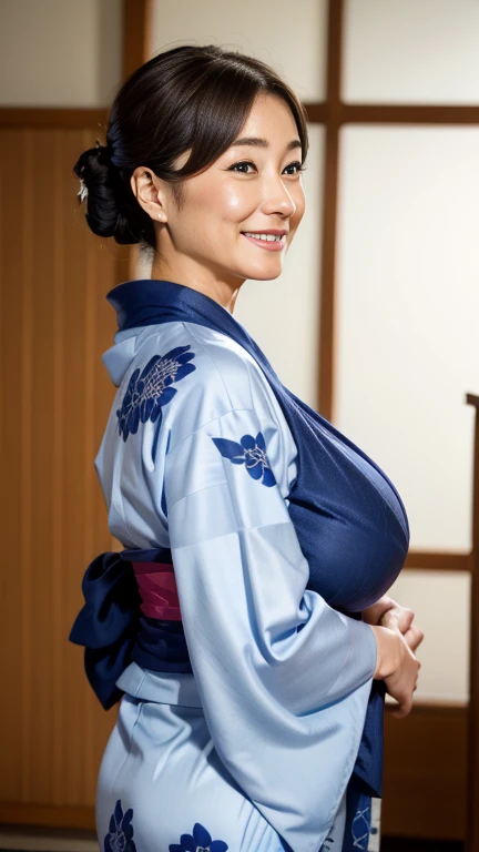 Mature attractive sexy woman,50 years old, ((kimono)),((blue))、(((kimono))),Shut,((Big Breasts:1.3)),(Facial wrinkles:1.3),light makeup,Light brown hair,Long Hair,(Full body photo:0.85),(Emphasize big buttocks),8k, RAW Photos, Highest quality, Laughter,masterpiece,Highest quality、A kind smile、A captivating gaze、Random Hairstyles、Japanese-style room、Shoji Screen、lanthanum、