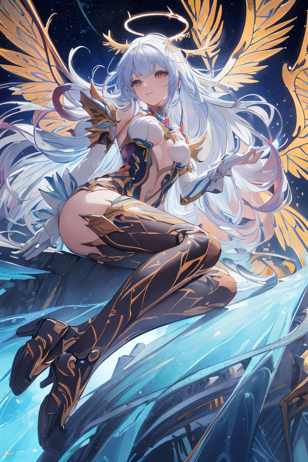 (best quality, masterpiece, colorful, dynamic angle, from below, highest detailed)upper body photo, full body photo, fashion photography of cute mechangel, glowing 4 wings, solo, glowing armor, glowing halo, building, glowing mechanical 4 wings (intricate details, hyperdetailed:1.15), detailed, light passing through hair, (official art, extreme detailed, highest detailed), HDR+