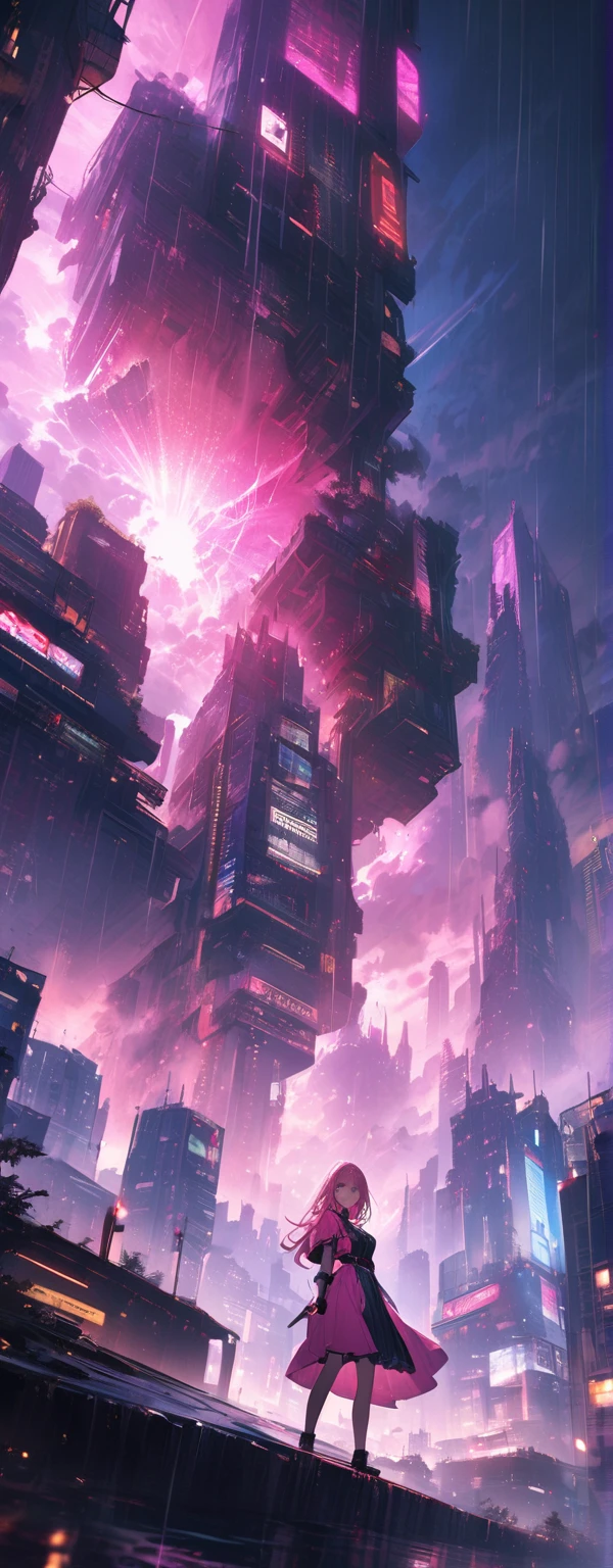 Looks about 15 years old, (beautiful girl: 1.3),Highest quality,8k,Highly detailed CG unit wallpaper,masterpiece:1.2,top-quality,Ultra-high resolution,RAW Photos,real texture skin,Cinema Lighting,Huge buildings,metropolis,Big, round, beautifully shaped butt,),(Perfect hands, Perfect Anatomy),((Cyber city bathed in pink light rain)),(Panoramic View:1.5),(((the world turns upside down))),1girl,