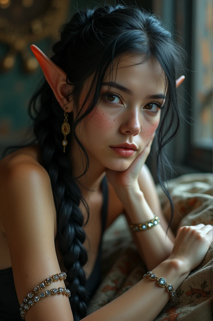 (Realisttic:1.2), analog photo style, Beautiful elf woman, posing, with freckles and long black hair braided, (steampunk dark fantasy atmosphere), soft natural light, cute and sexy, great quality, lying in a steampunk bed and looks at you, steampunkroom, Masterpiece, detailed strange background, better performance, 16k quality, HDR, RAW photo