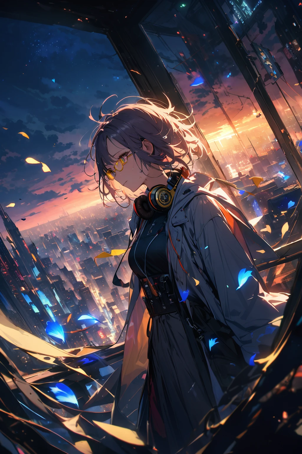 up-and-coming works of art, best quality, super fine, 16k, incredibly absurdres, extremely detailed, beautiful ephemeral girl stands in the city,(((semi-rimless yellow eyewear:1.3))), (headphone around neck:1.2), bedroom eyes, wet short hair, messy hair, wind, wind-effect, moonlit night view, (magnificent view:1.2), clockmetal, falling iridescent petals