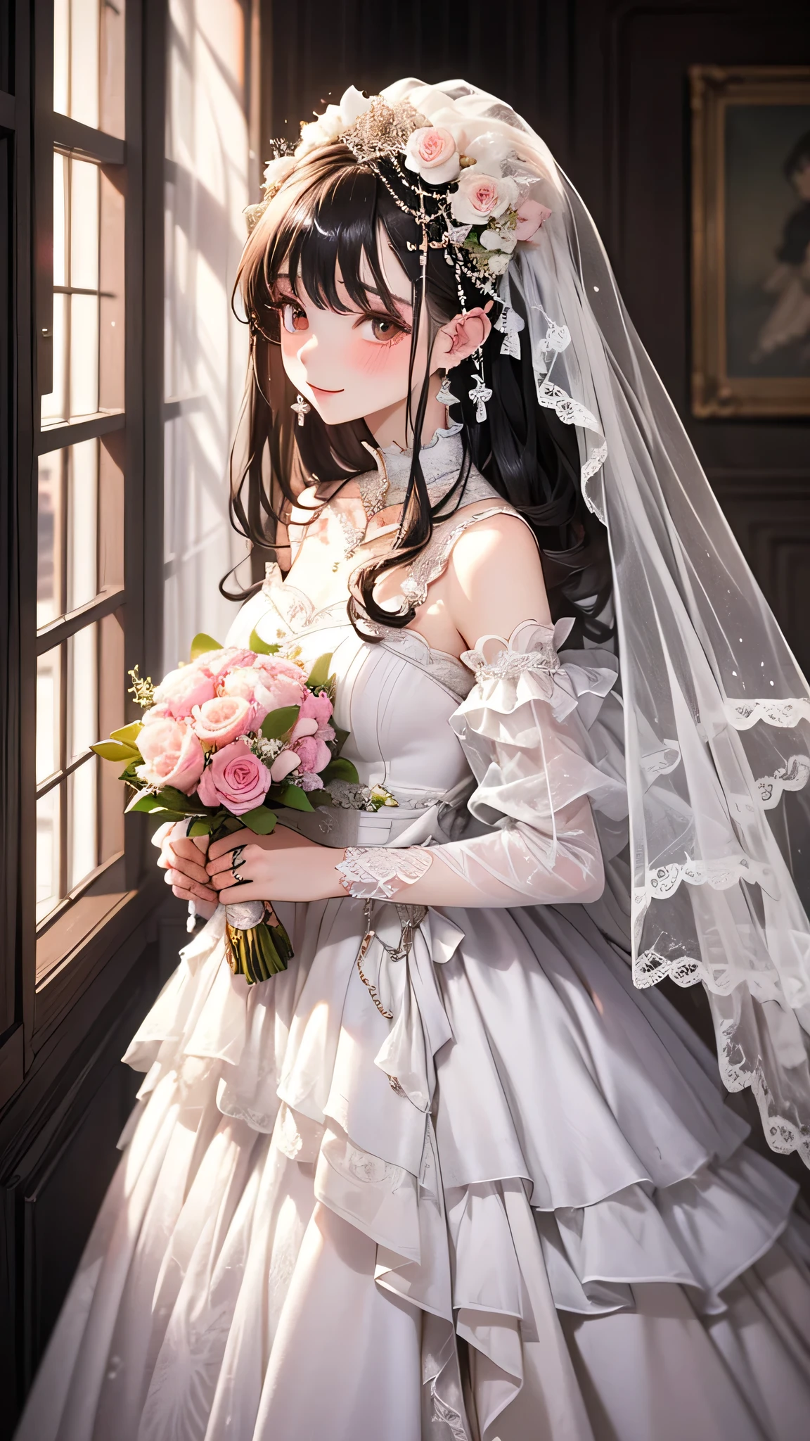 (Highest quality, High resolution, masterpiece:1.2,), night, One girl, (whole body), (Wedding dress), (Detailed clothing), (Beautifully detailed face),(Beautiful attention to detail), Wait for a kiss, View your viewers, Happy, blush,