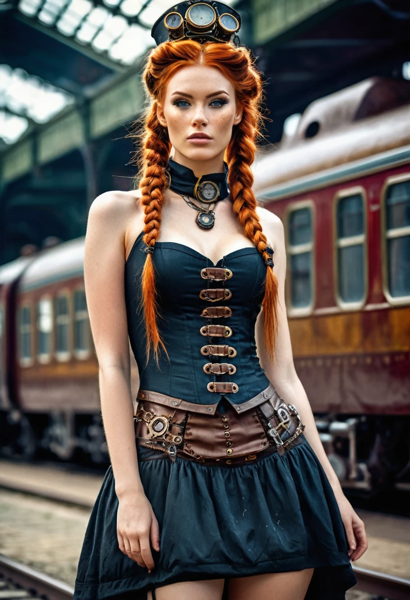 (Realisttic:1.2), analog photo style, Beautiful woman, posing, with freckles and long ginger hair braided, (steampunk dark fantasy atmosphere), soft natural light, cute and sexy, great quality, wear a cute Strampunkdress and looks at you, steampunkroom, Masterpiece, detailed strange background, better performance, 16k quality, HDR, RAW photo, Steampunk Train Station, Steampunk Train