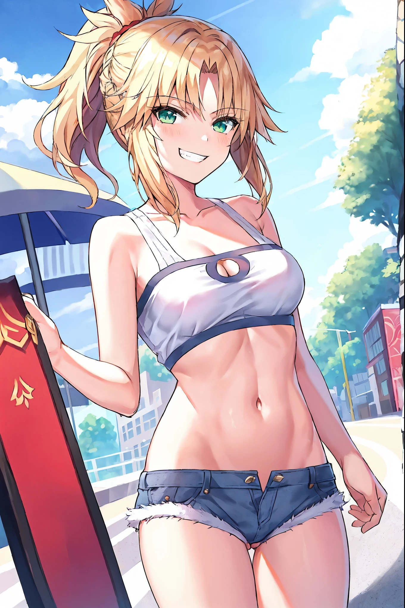 Masterpiece, Best Quality, illustration, city_street_landscape, 1girl, Mordred \(fate\), cowboy shot, collarbone, Detailed blond hair ponytail braid, green eyes, Red leather jacket, White short blouse, denim shorts,navel,thigh-high,grin, covered_pussy,skiny,happy,