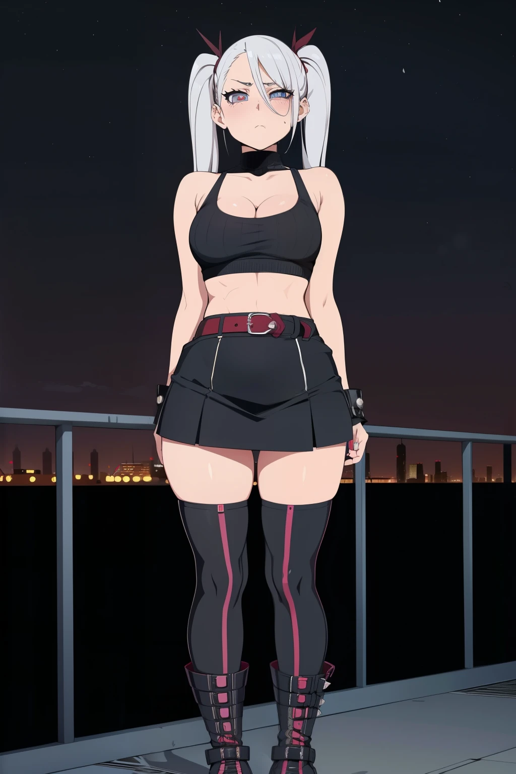 20 year old woman, busty, bubble butt, hourglass figure, skinny, blushing, frustrated expression, horny, seductive, black hair, long hair, straight hair, wearing latex sports bra, zipped tank top, latex skirt, pleated skirt, belt, tights, heeled boots, tight fitting clothing, middrift, cleavage, anime, city at night, outside, punk, punk style, punk hair, doujin style, manga, flat colours, 20 year old woman, busty, bubble butt, hourglass figure, skinny, blushing, frustrated expression, horny, seductive, platinum hair, long hair, wavy hair, twintail hair, wearing brown sweater, shoulderless sweater, ribbed sweater, black pencil skirt, belt, tights, heeled boots, red ribbons, tight fitting clothing, middrift, cleavage, anime, city at night, outside, punk, punk style, punk hair, doujin style, manga, flat colours, hand between legs, Yuri