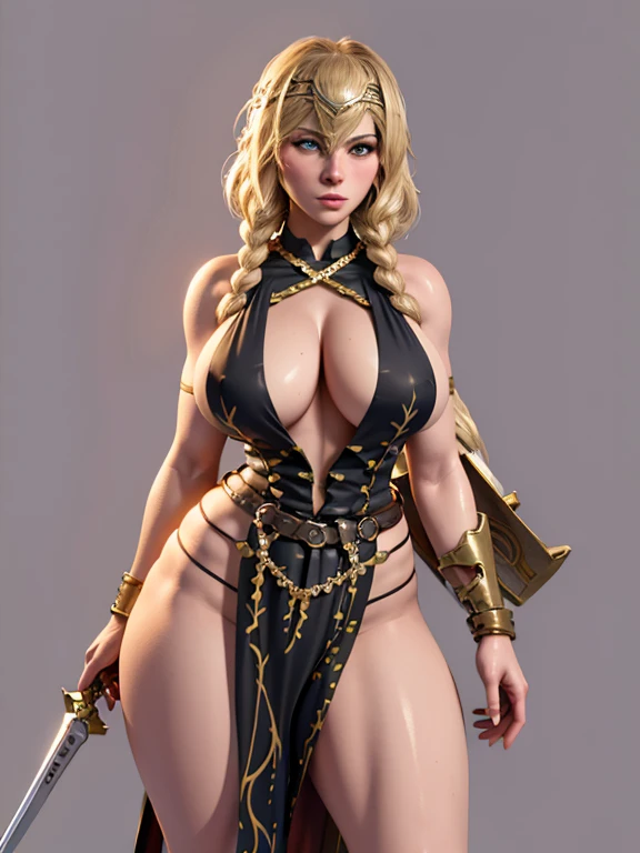 The character, depicted in a dynamic pose, wields a sword and shield, suggesting a warrior or fighter. She has blonde hair, blue eyes, and wears armor reminiscent of fantasy and mythology, common in many games and stories. Exaggerated and voluptuous features distinguish her, including a curvy silhouette, wide hips, thick thighs, and plump, large breasts. Towering at 188cm, she boasts hyper-realistic, saggy breasts and an intricately designed breastplate. The FFXIV art style is evident, reflecting the impact of social media and online platforms on perceptions of body size and shape. The artwork is highly detailed, vibrant, and focuses on the character's physique and the elaborate environment. With big boobs and a full body, it has gained popularity on ArtStation and CGSociety. Notably, the sharp focus showcases Leina or Reina Vance, possibly associated with Queen Blade or Queen Blade Unlimited and the Gigantic Breast trend. Her blonde hair flows long and free, completing her striking appearance as Queen Marika. She has a history of fashion and its impact on perceptions of breast size, as they are 188cm.