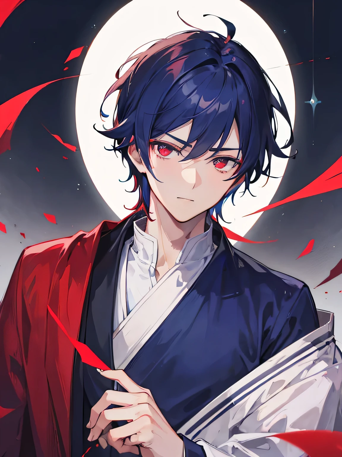 A handsome man, Monk, red crimson eyes color, dark blue hair color, 27-year-old