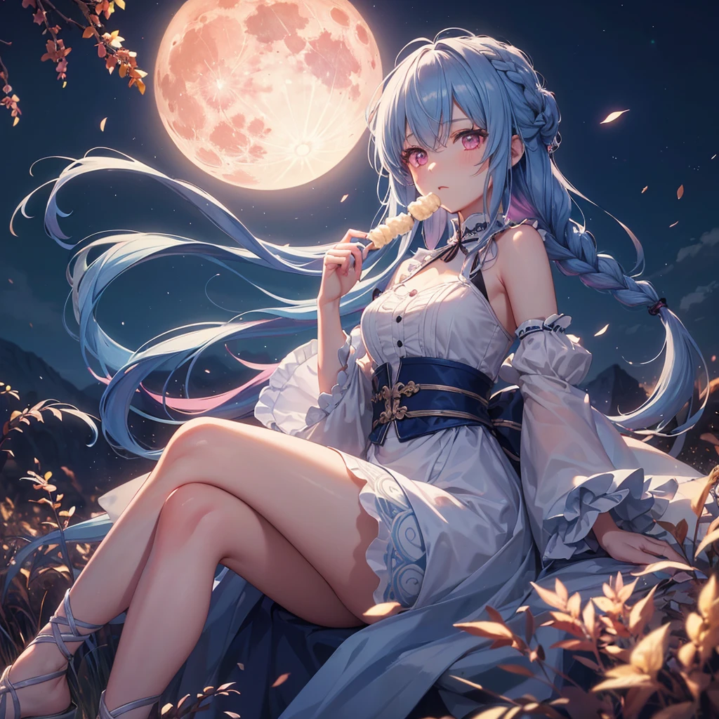 Sky blue hair, (Braided medium hair), (Pink eyes),Fair skin),(whole body),(One Girl),(harvest moon),A large amount of Miscanthus sinensis in the background,(full moon),(masterpiece, Highest quality, Very detailed, Best Shadow), (Detailed Background), (Beautifully detailed face), High Contrast, (Best lighting, Very delicate and beautiful), ((Cinematic Light)), Hyper Detail,8k, Dramatic Light, Intricate details,Sitting and eating rice dumplings