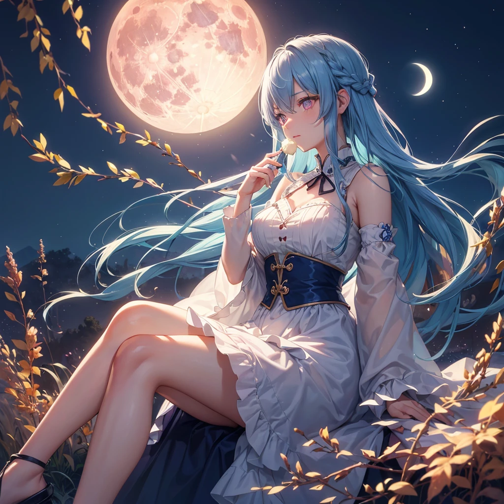 Sky blue hair, (Braided medium hair), (Pink eyes),Fair skin),(whole body),(One Girl),(harvest moon),A large amount of Miscanthus sinensis in the background,(full moon),(masterpiece, Highest quality, Very detailed, Best Shadow), (Detailed Background), (Beautifully detailed face), High Contrast, (Best lighting, Very delicate and beautiful), ((Cinematic Light)), Hyper Detail,8k, Dramatic Light, Intricate details,Sitting and eating rice dumplings