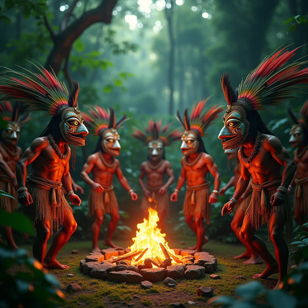 A ceremonial ritual taking place in a dense jungle, where members of a tribe wear traditional masks representing their ancestors and spirits. The masks are handcrafted, with feathers, beads, and painted designs, as they dance around a sacred fire. (high resolution, ultra detailed, 8K, cinematic lighting, photorealistic, cultural theme)