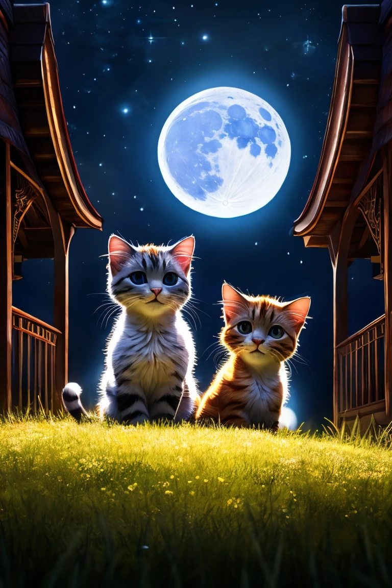 (Highest quality、masterpiece、8k))、Anatomically correct、Very detailed、High resolution、Cinematic lighting、Realistic、Intricate details、Two kittens、Big head、Beautiful white moonlit night、full moon、Big Moon、肩を並べるTwo kittens、並んで寄りかかるTwo kittens、silhouette