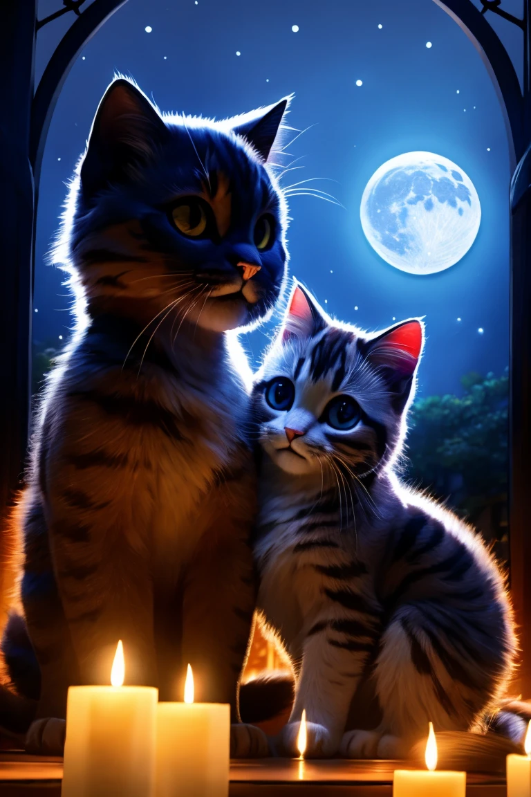 (Highest quality、masterpiece、8k))、Anatomically correct、Very detailed、High resolution、Cinematic lighting、Realistic、Intricate details、Two kittens、Big head、Beautiful white moonlit night、full moon、Big Moon、肩を並べるTwo kittens、並んで寄りかかるTwo kittens、silhouette